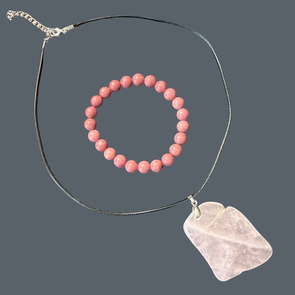 Rose Quartz Pendant Necklace pink rhodonite bracelet fashion accessories bundle - Picture 1 of 10